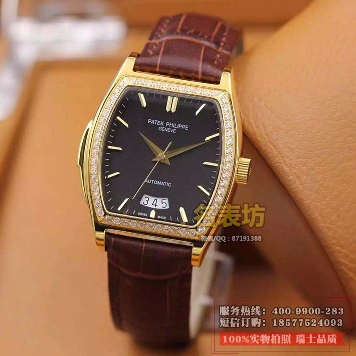 名表 百达翡丽Patek Philippe男表自动机械 酒桶型 经典款 18K包金 黑面罗马刻度