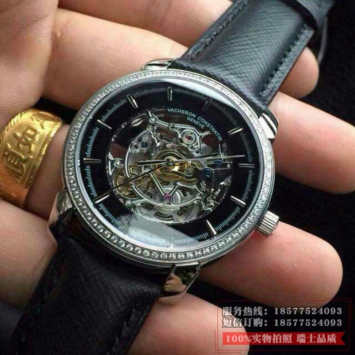 江诗丹顿Vacheron Constantin 男士缕空自动机械透底腕表 真皮皮带 