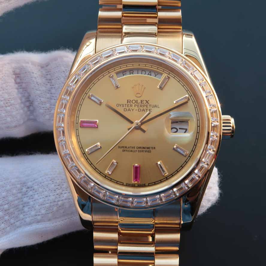 Rolex 劳力士 星期日历型系列218399 18K金 金盘 镶钻 男士自动上链机械表 香港组装 品质