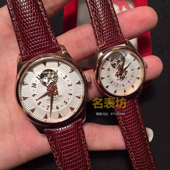 百达翡丽 网购 一比一高精仿百达翡丽Patek Philippe 缕空男士自动机械手表 蜥蜴纹小牛皮 情侣腕表 包18K玫瑰金